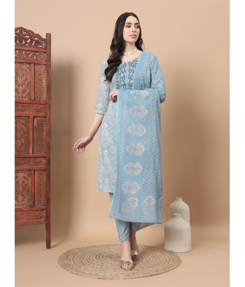     			Yufta Cotton Embroidered Kurti With Pants Women's Stitched Salwar Suit - Blue ( Pack of 1 )