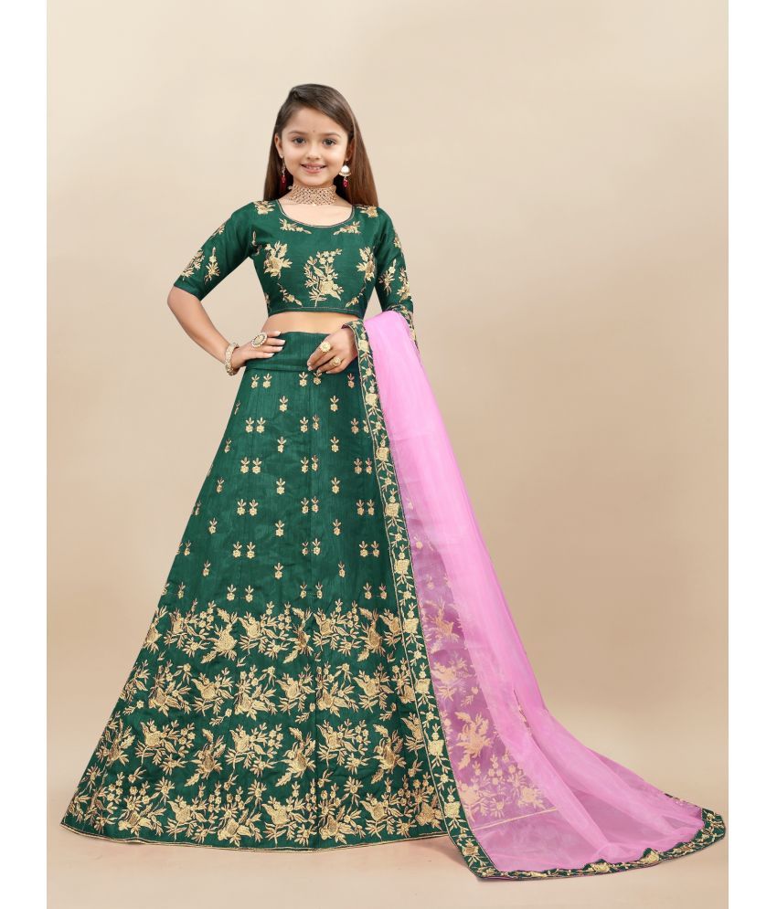     			Apnisha Green Silk Girls Lehenga Choli Set ( Pack of 1 )