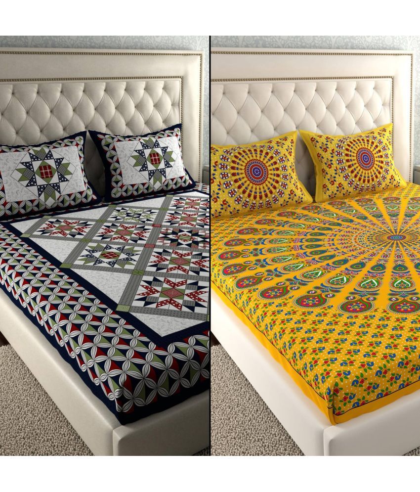     			CLOTHOLOGY Cotton Ethnic 2 Double Bedsheet with 4 Pillow Covers - Yellow