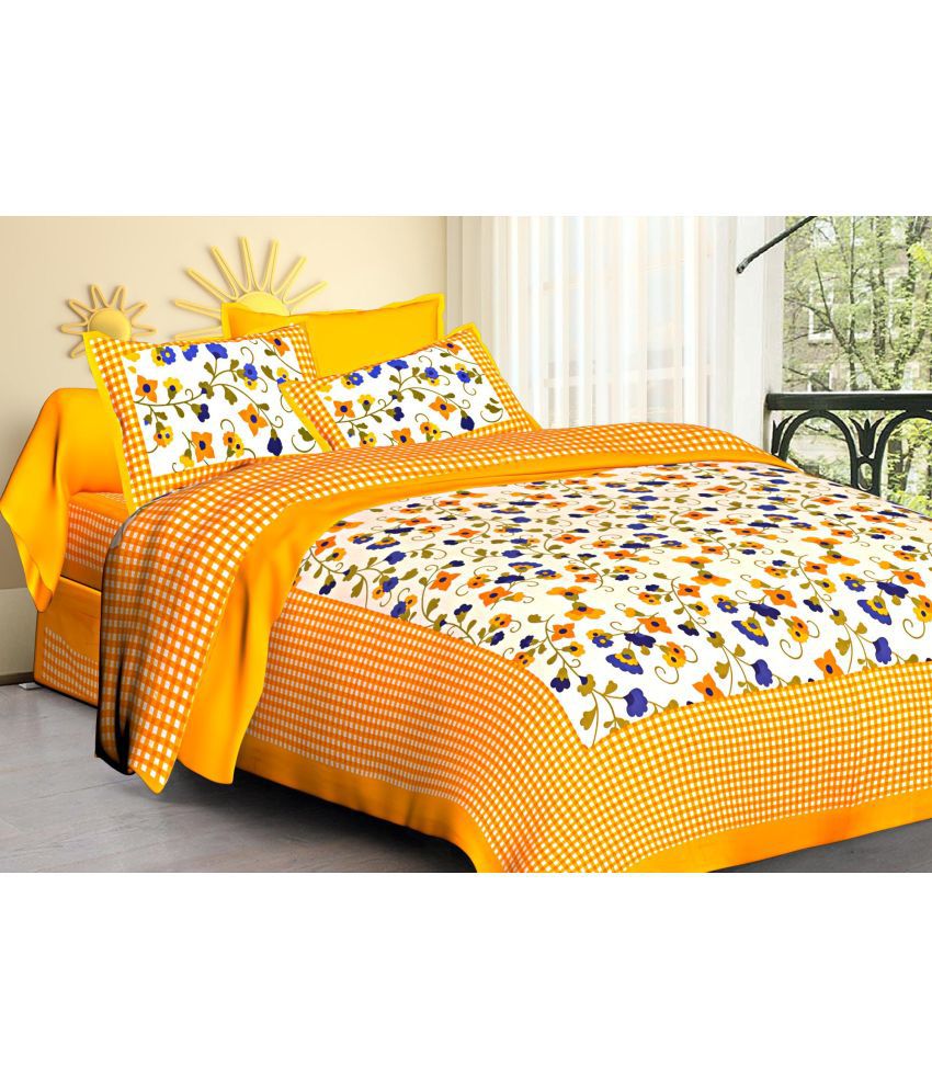     			CLOTHOLOGY Cotton Floral 1 Double Bedsheet with 2 Pillow Covers - Yellow