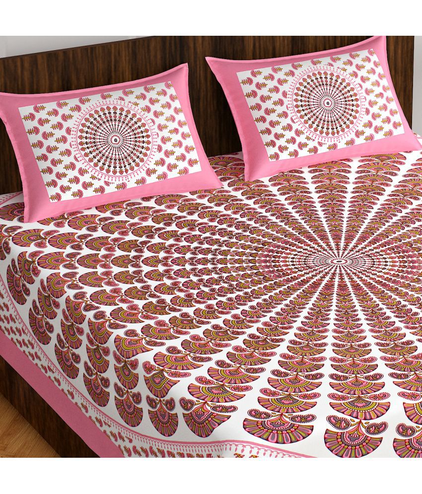     			CLOTHOLOGY Cotton Geometric 1 Double Bedsheet with 2 Pillow Covers - Pink