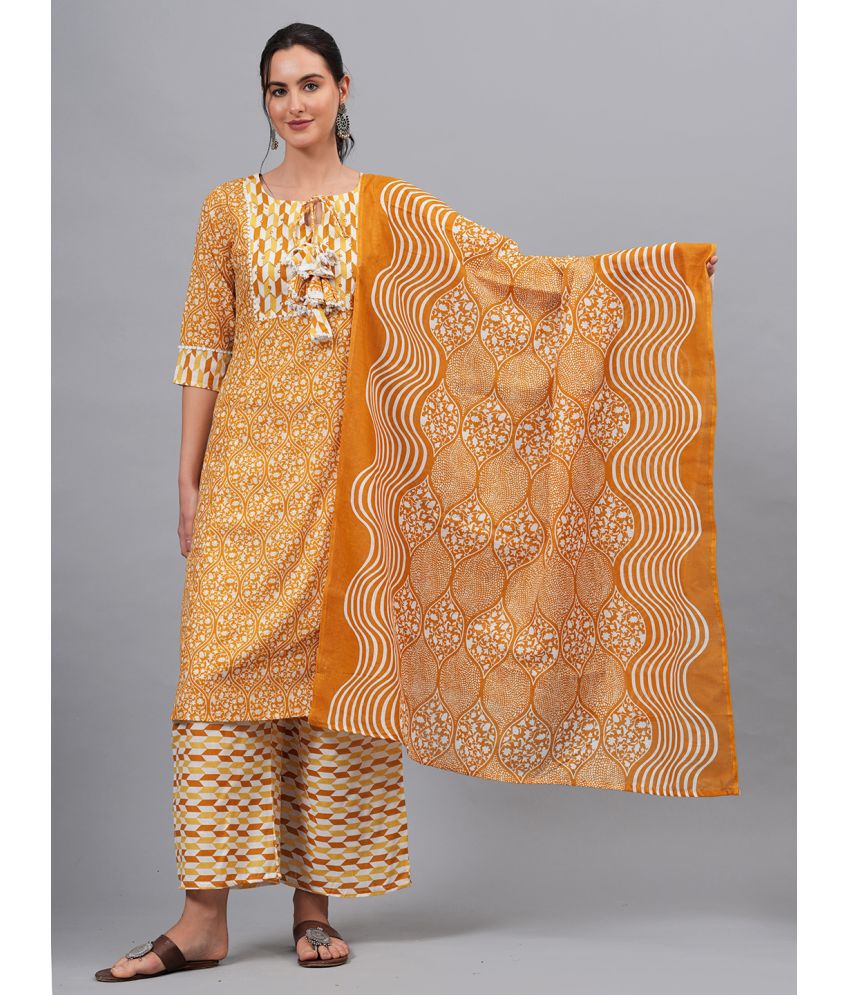     			JC4U Cotton Self Design Kurti With Pants Women's Stitched Salwar Suit - Yellow ( Pack of 1 )