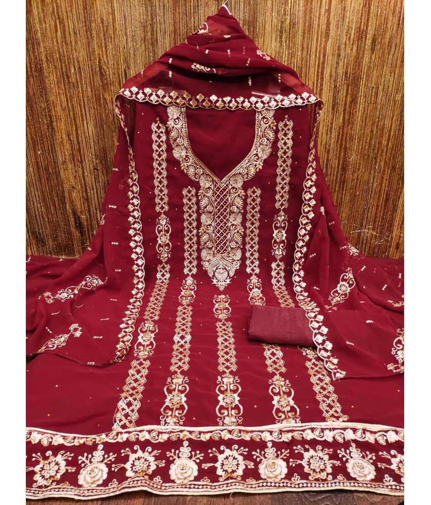     			ALSHOP Unstitched Georgette Embroidered Dress Material - Maroon ( Pack of 1 )