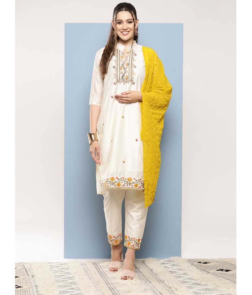     			Aarika Cotton Blend Embroidered Kurti With Pants Women's Stitched Salwar Suit - Cream ( Pack of 1 )