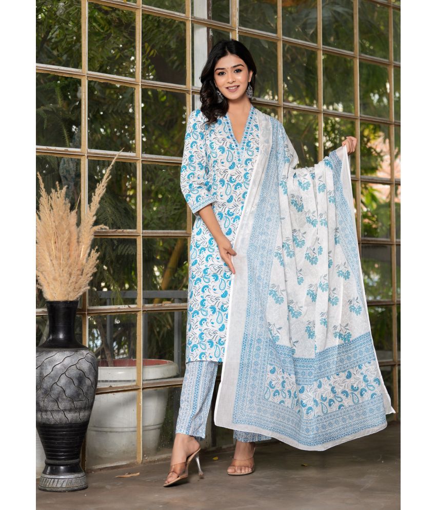     			Doriya Cotton Blend Embroidered Kurti With Pants Women's Stitched Salwar Suit - Blue ( Pack of 1 )