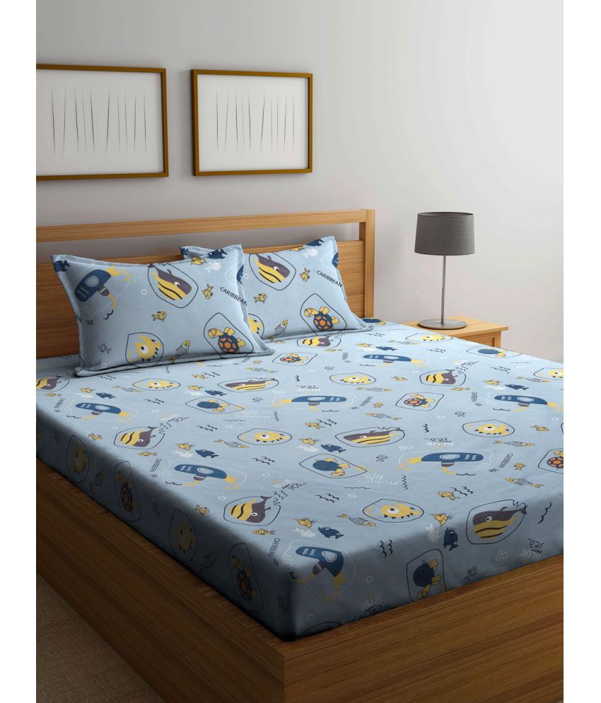     			FABINALIV Poly Cotton Animal 1 Double Bedsheet with 2 Pillow Covers - Sky Blue