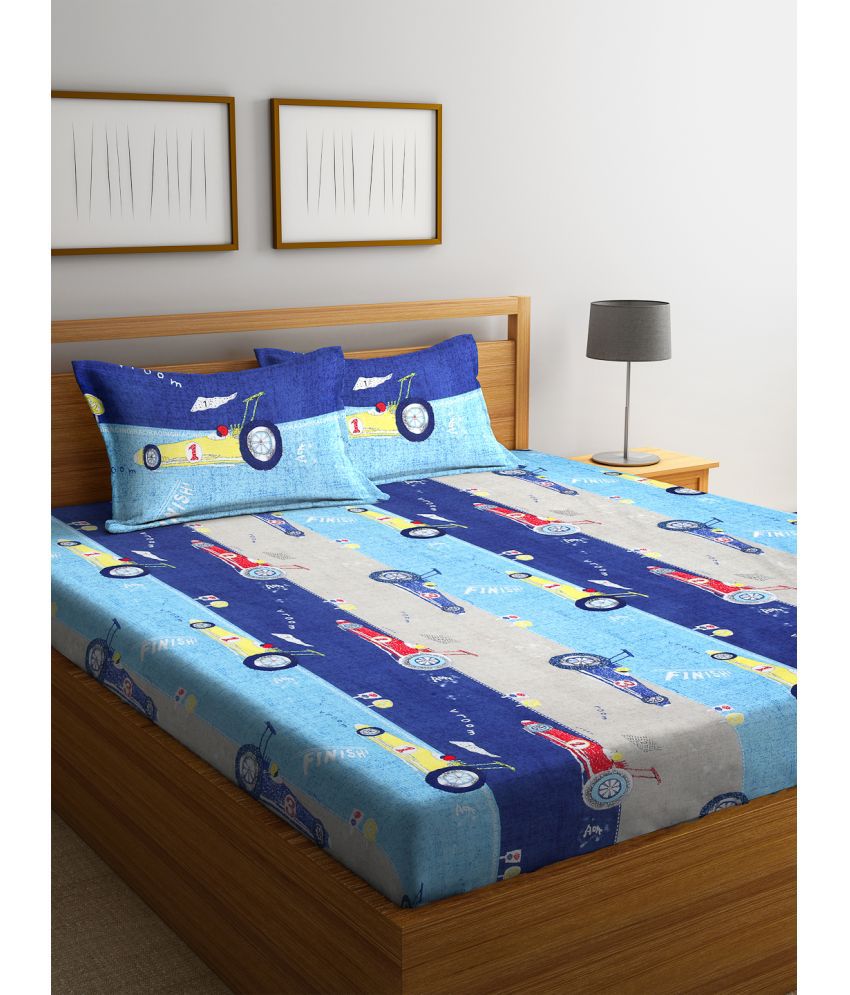     			FABINALIV Poly Cotton Animal 1 Double Bedsheet with 2 Pillow Covers - Sky Blue