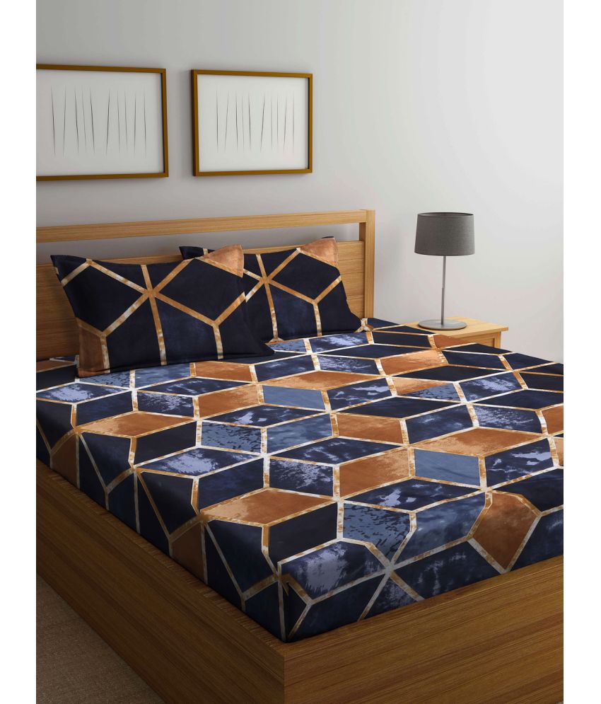     			FABINALIV Poly Cotton Geometric 1 Double Bedsheet with 2 Pillow Covers - Navy Blue