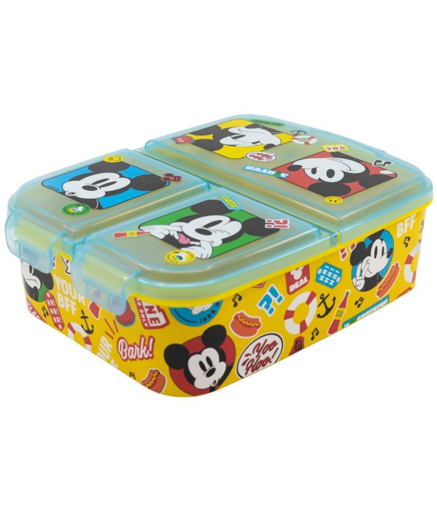     			Gluman Yellow Disney Mickey Partition Lunch Box for Kids with Snap Lock Closure - 390ml