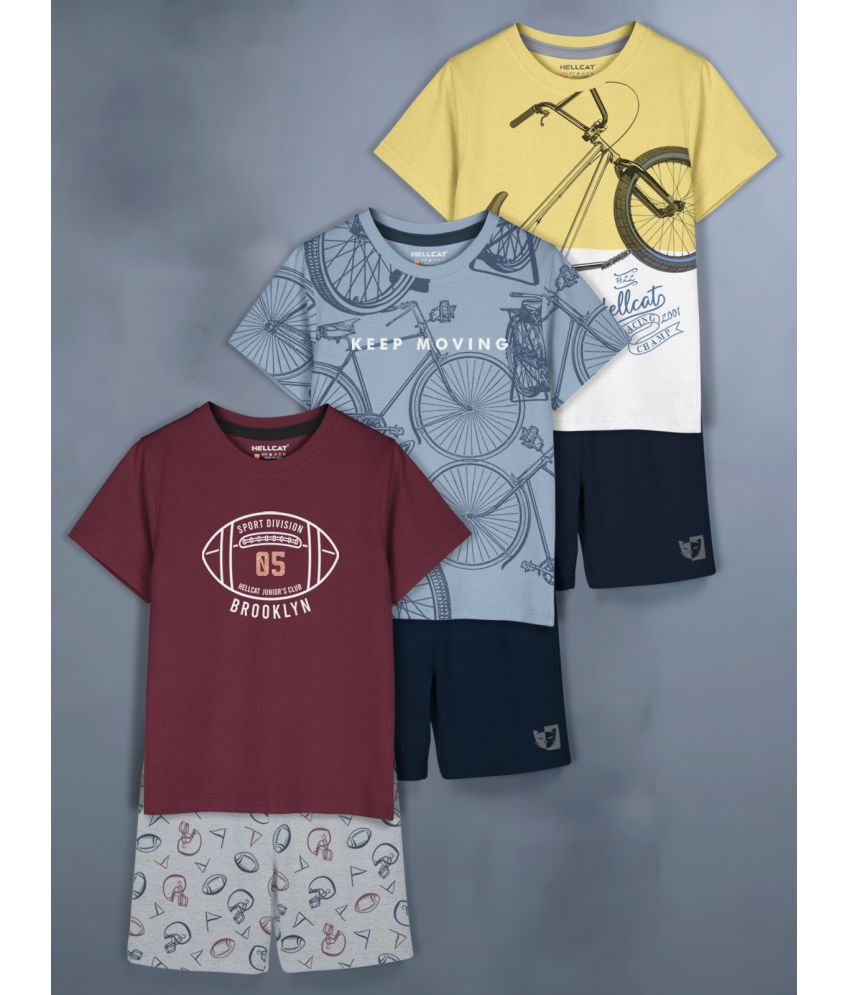     			HELLCAT Burgundy Cotton Blend Baby Boy T-Shirt & Shorts ( Pack of 3 )