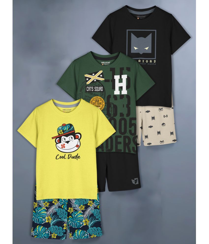     			HELLCAT Yellow Cotton Blend Baby Boy T-Shirt & Shorts ( Pack of 3 )