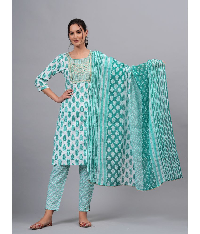     			HIGHLIGHT FASHION EXPORT Cotton Self Design Kurti With Pants Women's Stitched Salwar Suit - Teal ( Pack of 1 )