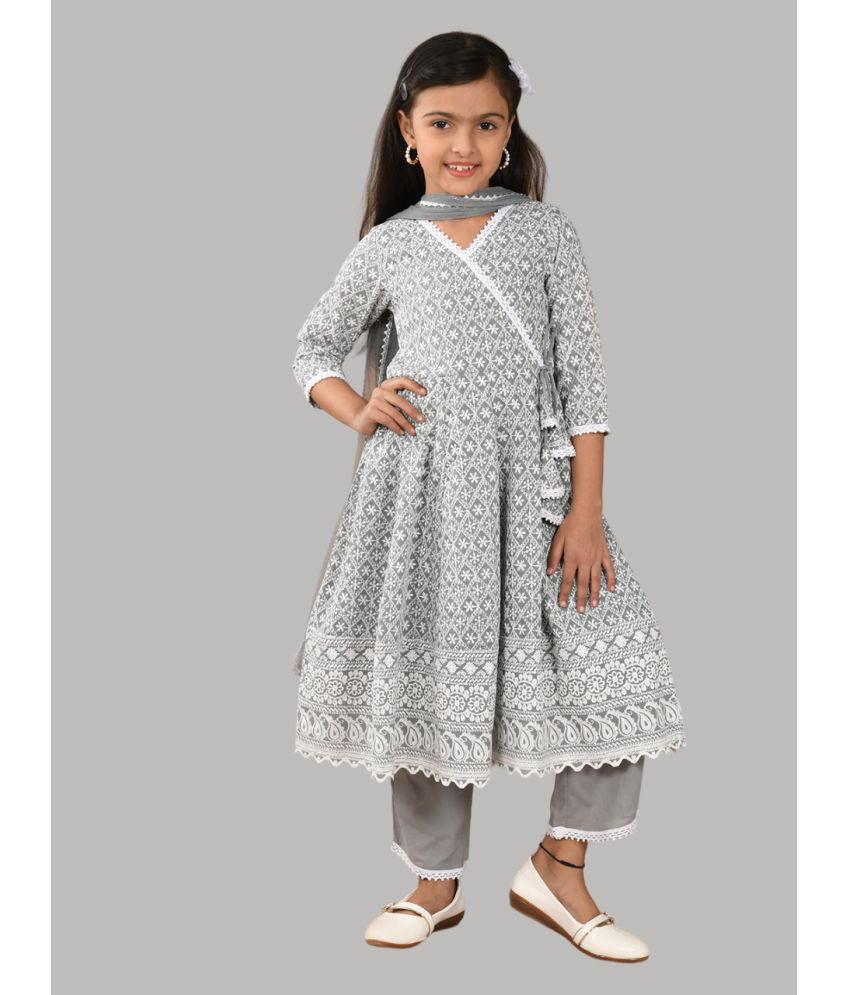     			HLGARMENTS Gray Cotton Girls Anarkali Suit Set ( Pack of 3 )