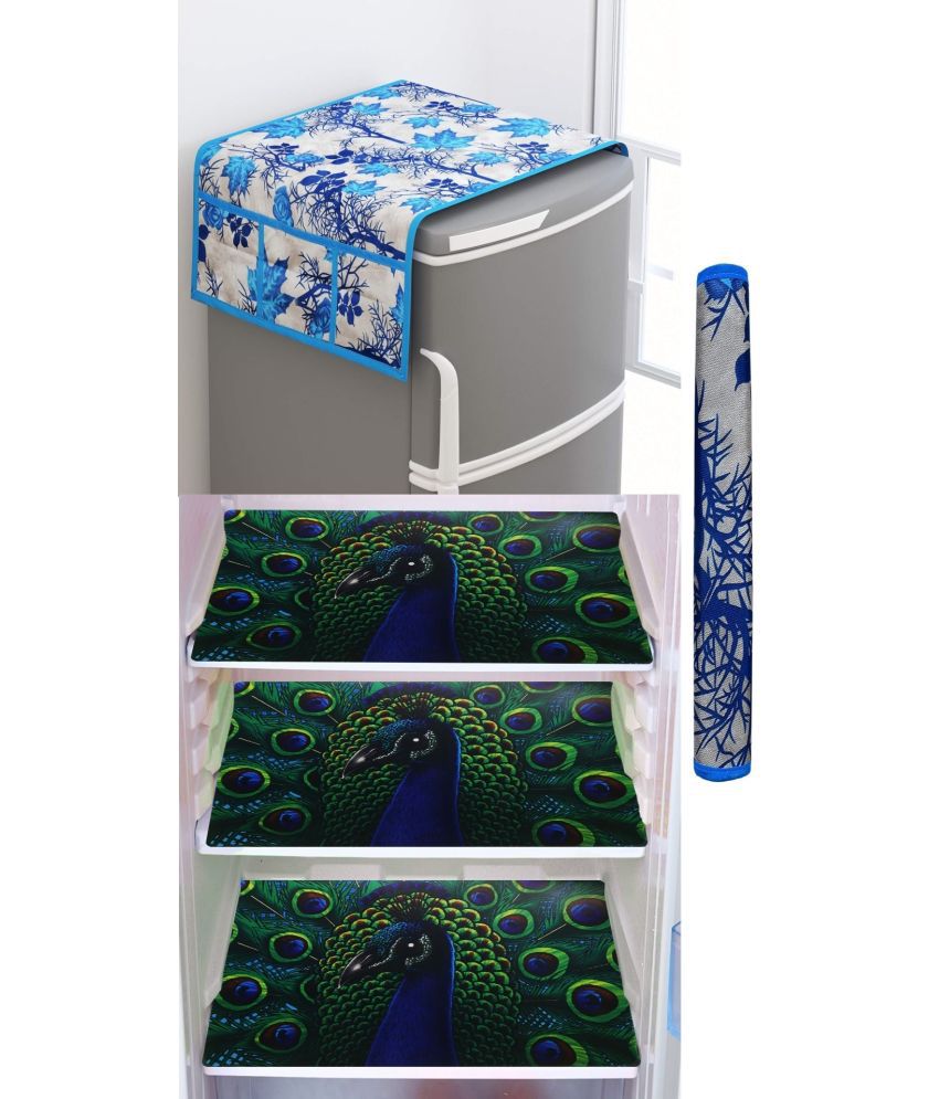     			SHUBH Polyester Floral Fridge Mat & Cover ( 99 58 ) Pack of 5 - Blue
