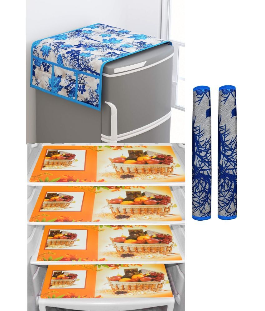     			SHUBH Polyester Floral Fridge Mat & Cover ( 99 58 ) Pack of 7 - Blue