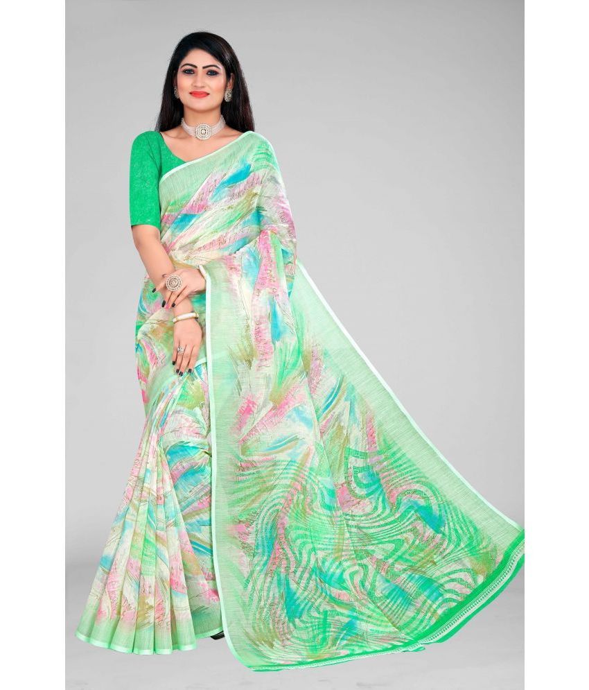     			VERVIZA Linen Dyed Saree With Blouse Piece - Green ( Pack of 1 )