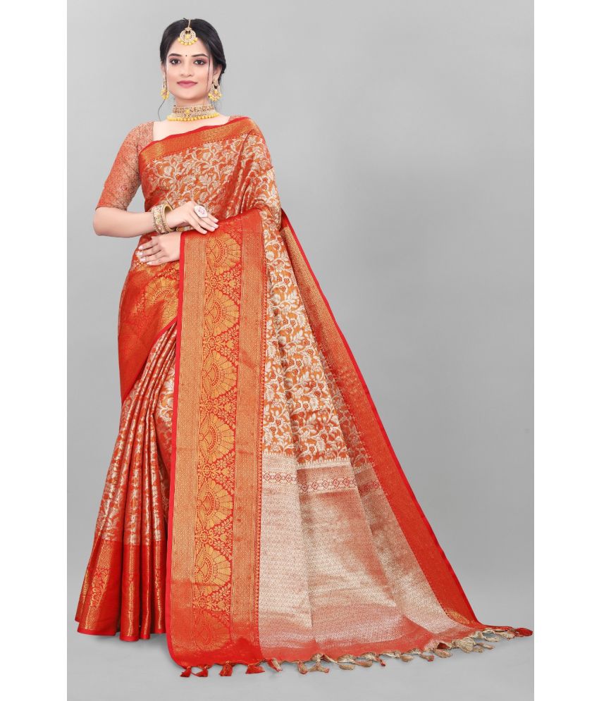     			looknchoice Kanjivaram Silk Solid Saree With Blouse Piece - Orange ( Pack of 1 )