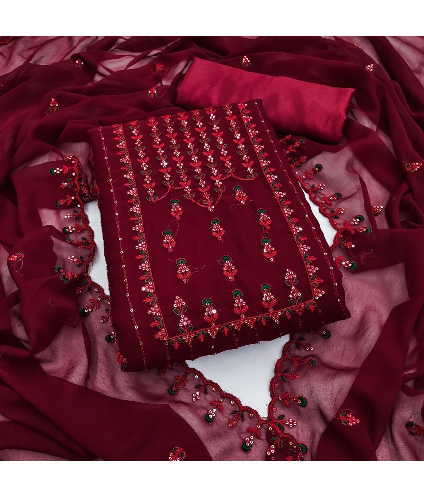     			Apnisha Unstitched Georgette Embellished Dress Material - Maroon ( Pack of 1 )