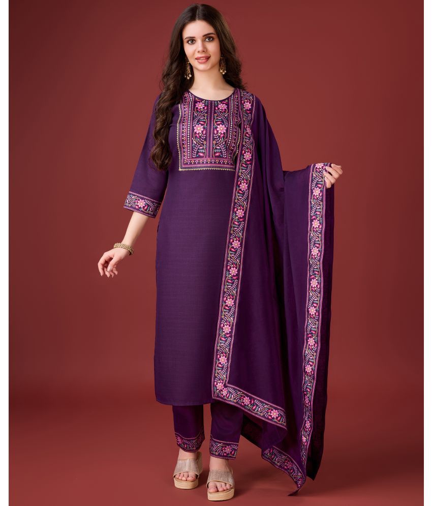     			MOJILAA Linen Printed Kurti With Pants Women's Stitched Salwar Suit - Purple ( Pack of 1 )