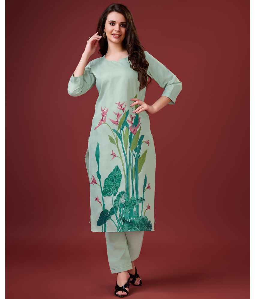     			MOJILAA Linen Printed Kurti With Pants Women's Stitched Salwar Suit - Sea Green ( Pack of 1 )