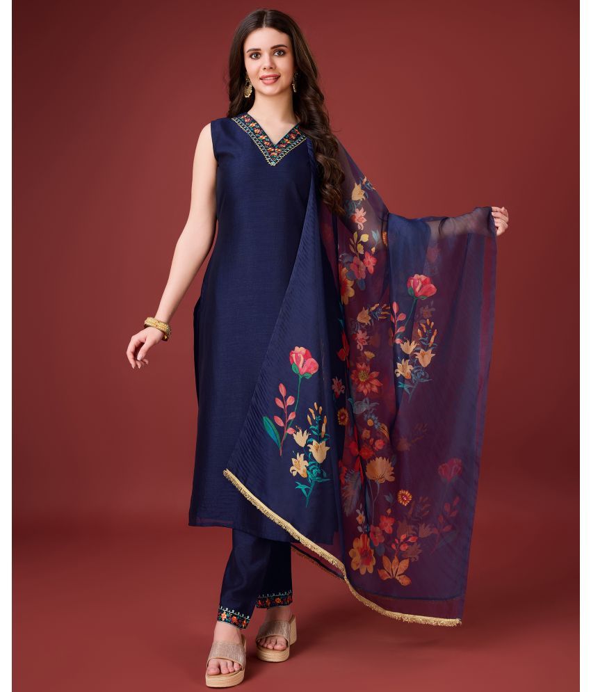     			MOJILAA Silk Embroidered Kurti With Pants Women's Stitched Salwar Suit - Navy Blue ( Pack of 1 )