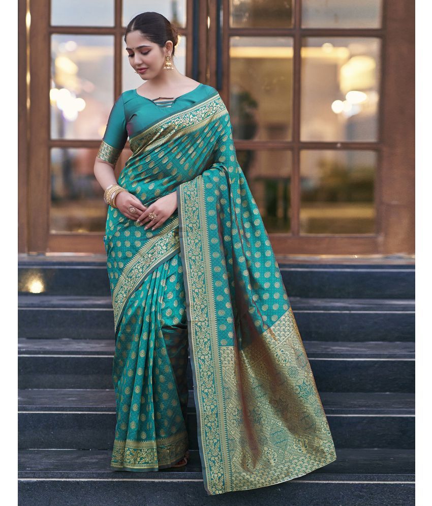     			Samah Art Silk Self Design Saree With Blouse Piece - Teal ( Pack of 1 )