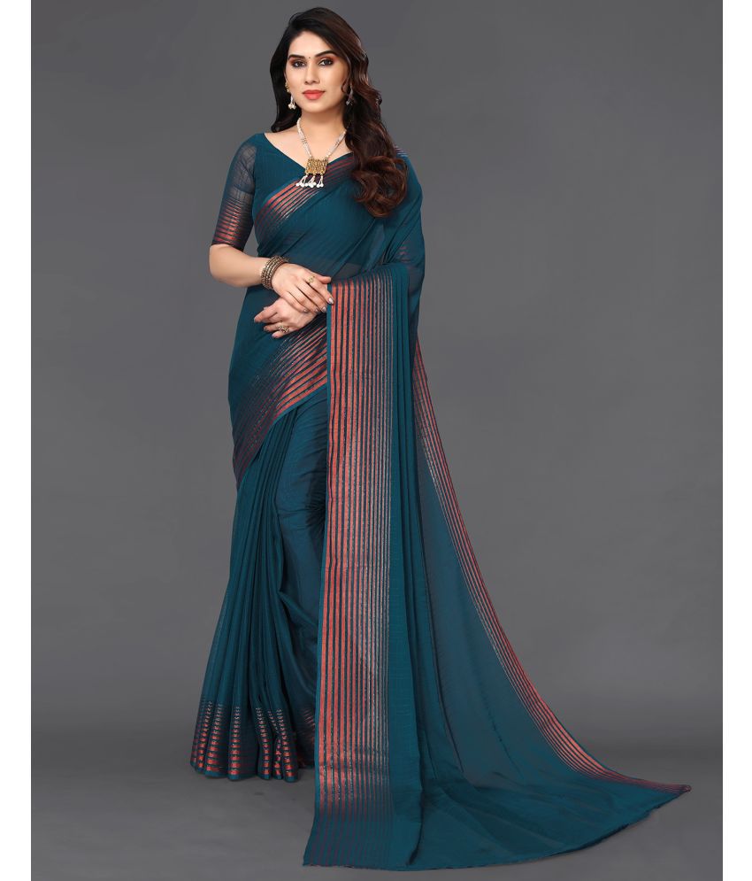     			Samah Chiffon Dyed Saree With Blouse Piece - Turquoise ( Pack of 1 )