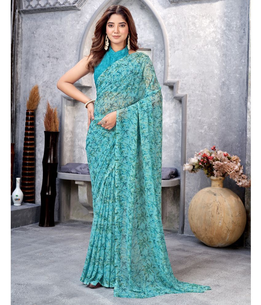     			Samah Georgette Printed Saree With Blouse Piece - Turquoise ( Pack of 1 )