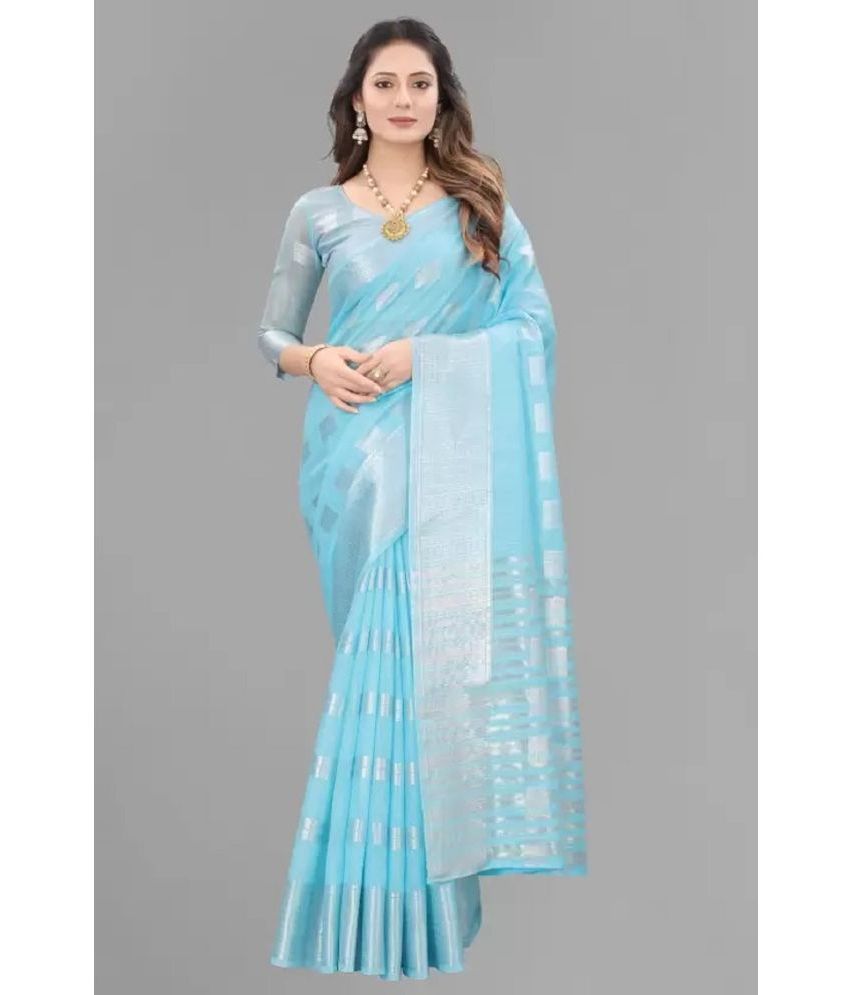     			Aika Cotton Self Design Saree With Blouse Piece - SkyBlue ( Pack of 1 )