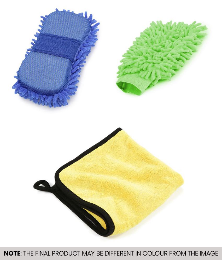     			HOMETALES Car Cleaning Combo of Microfiber Sponge , Gloves & Microfiber Towel ( Pack of 3 )