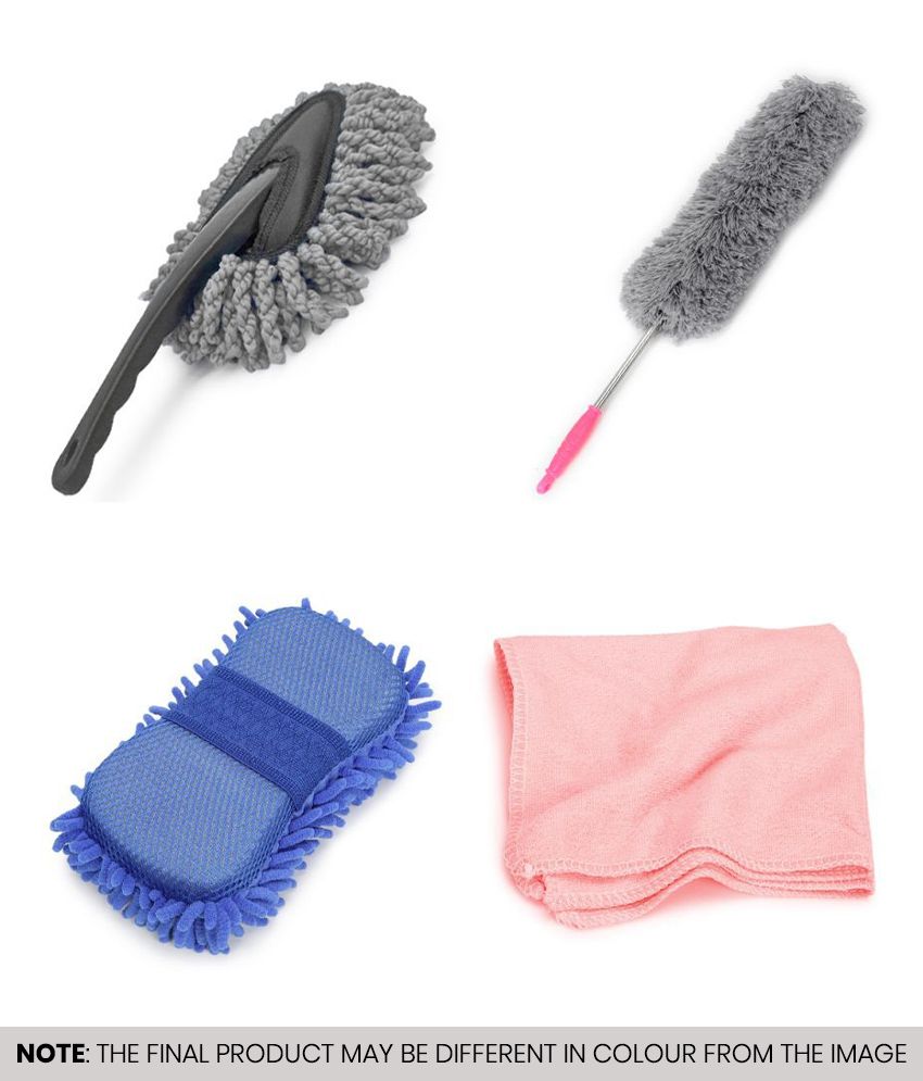     			HOMETALES Car Cleaning Combo of Mini Duster , Feather Duster , Microfiber Sponge & Microfiber Cloth ( Pack of 4 )