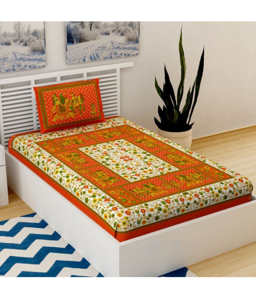    			Uniqchoice Cotton Floral 1 Single Bedsheet with 1 Pillow Cover - Orange