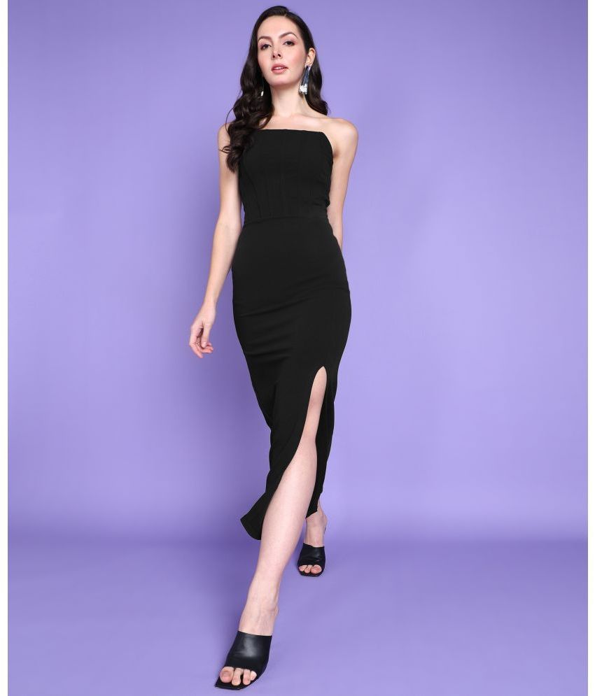     			POPWINGS Polyester Solid Full Length Women's Off Shoulder Dress - Black ( Pack of 1 )