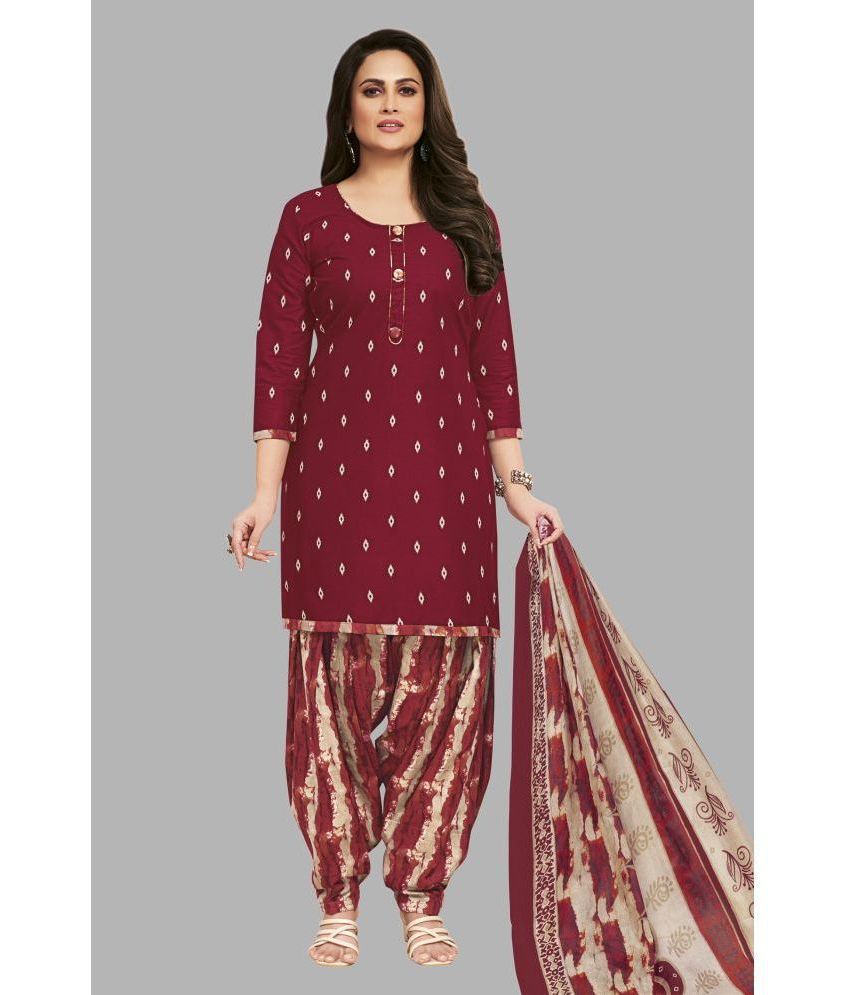     			shree jeenmata collection Cotton Printed Kurti With Patiala Women's Stitched Salwar Suit - Maroon ( Pack of 1 )