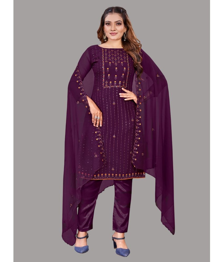     			Aika Unstitched Georgette Embroidered Dress Material - Purple ( Pack of 1 )