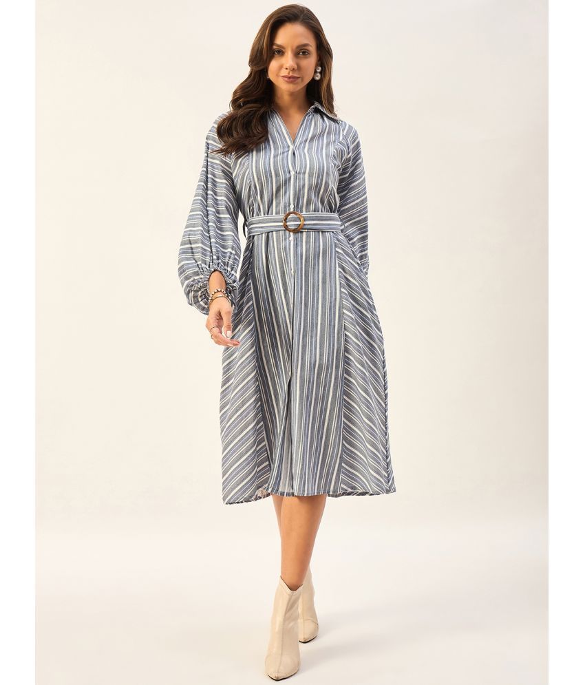     			DRAPE AND DAZZLE Cotton Striped Midi Women's Fit & Flare Dress - Blue ( Pack of 1 )