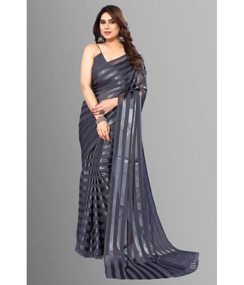     			ANAND SAREES Satin Striped Saree With Blouse Piece - Grey ( Pack of 1 )