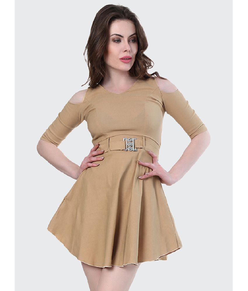     			BuyNewTrend Cotton Blend Solid Mini Women's Fit & Flare Dress - Beige ( Pack of 1 )