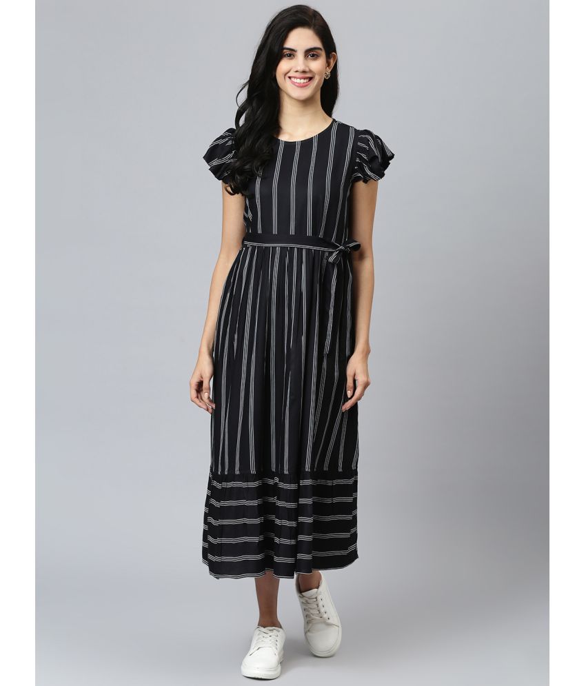     			Flamboyant Rayon Striped Ankle Length Women's Fit & Flare Dress - Black ( Pack of 1 )