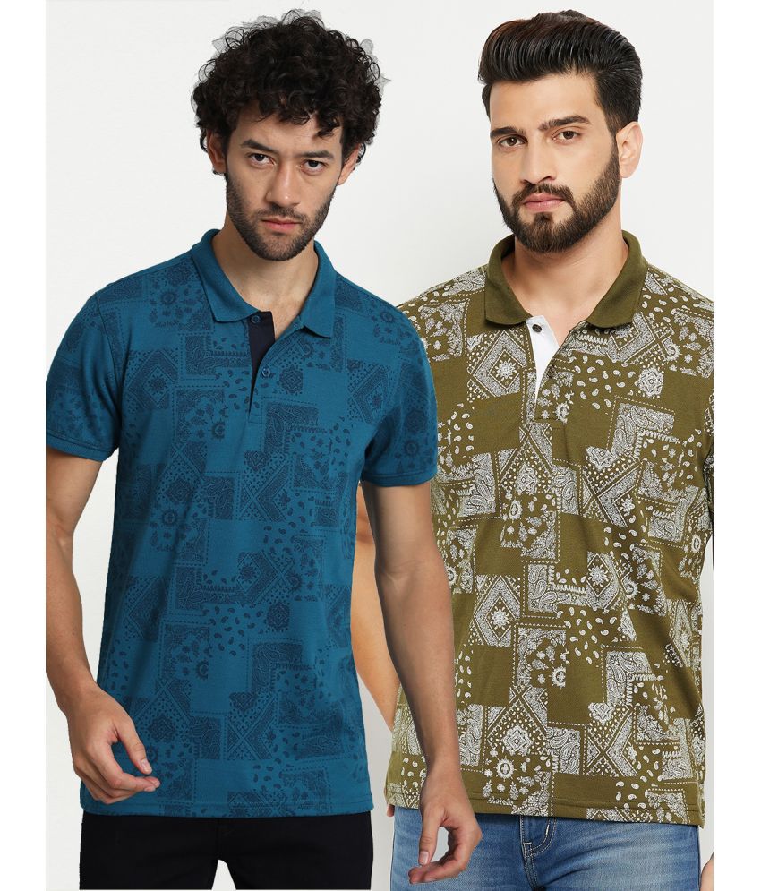     			XFOX Cotton Blend Regular Fit Printed Half Sleeves Men's Polo T Shirt - Teal Blue ( Pack of 2 )