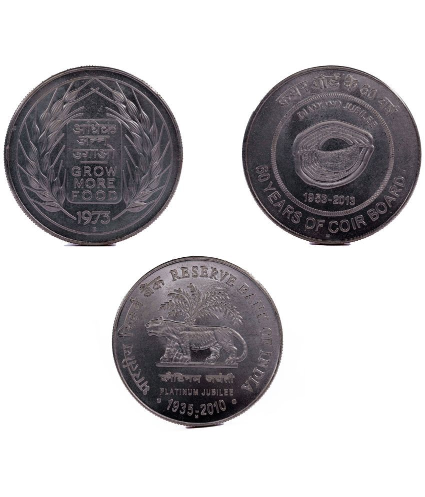     			Arunrajsofia Set of 3 Coins of Grow More Food, 60 Years of Coir Board and Platinum Jubilee of RBI (20,60 and 75) - Silver Plated Fancy Coins