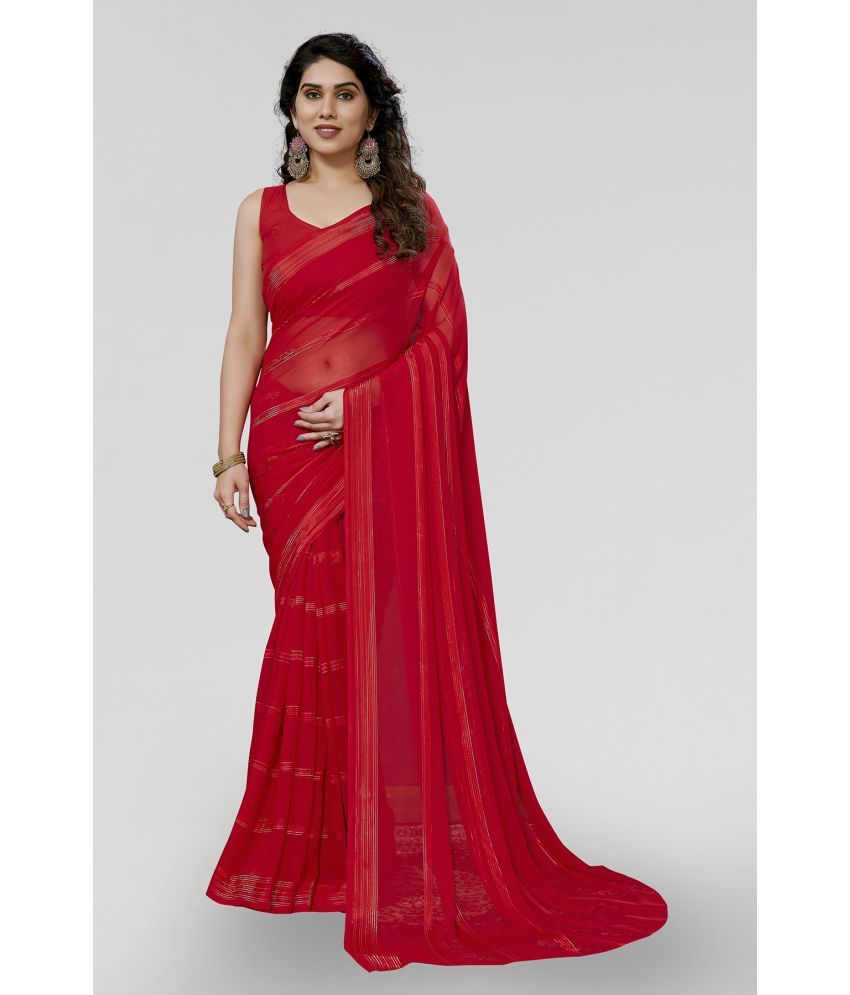     			Kashvi Sarees Satin Striped Saree With Blouse Piece - Red ( Pack of 1 )