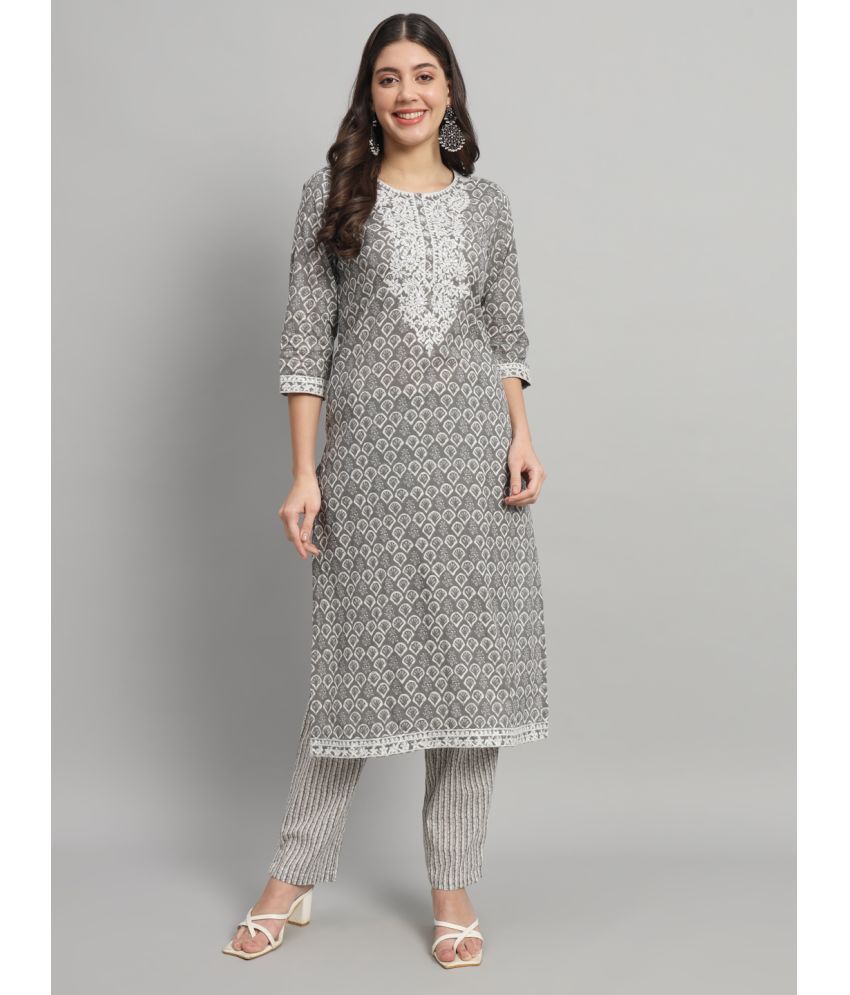     			TUNIYA Cotton Embroidered Kurti With Pants Women's Stitched Salwar Suit - Grey ( Pack of 1 )