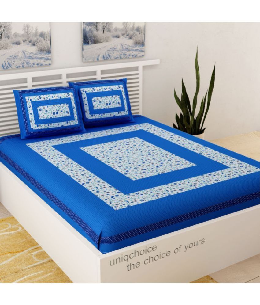     			Uniqchoice Cotton Floral 1 Double Bedsheet with 2 Pillow Covers - Blue
