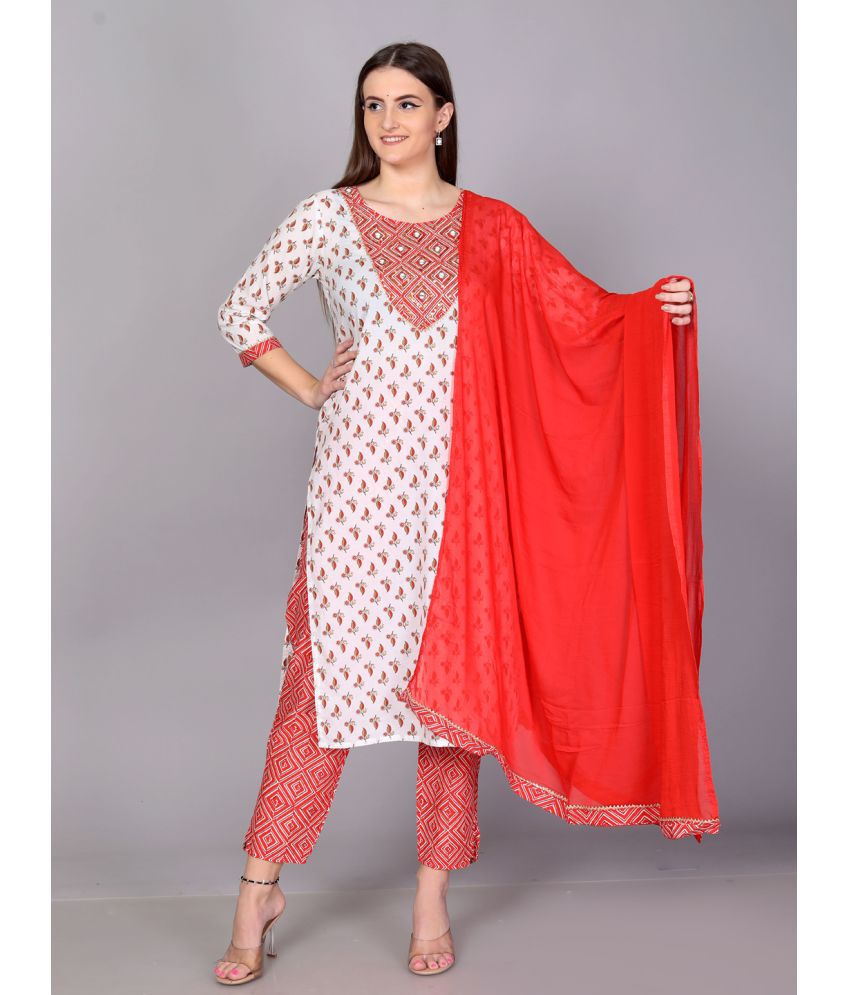     			JC4U Cotton Embellished Kurti With Pants Women's Stitched Salwar Suit - Red ( Pack of 1 )