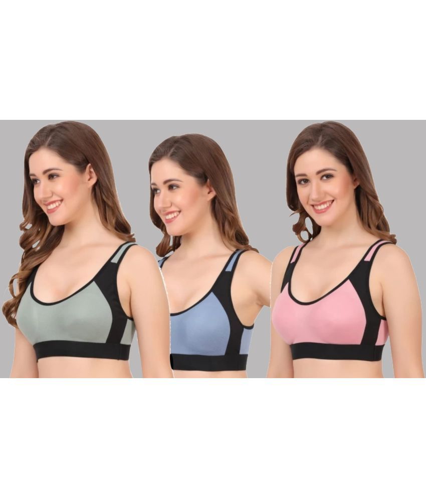     			Kiran Enterprises Multicolor Cotton Non Padded Women's Sports Bra ( Pack of 3 )