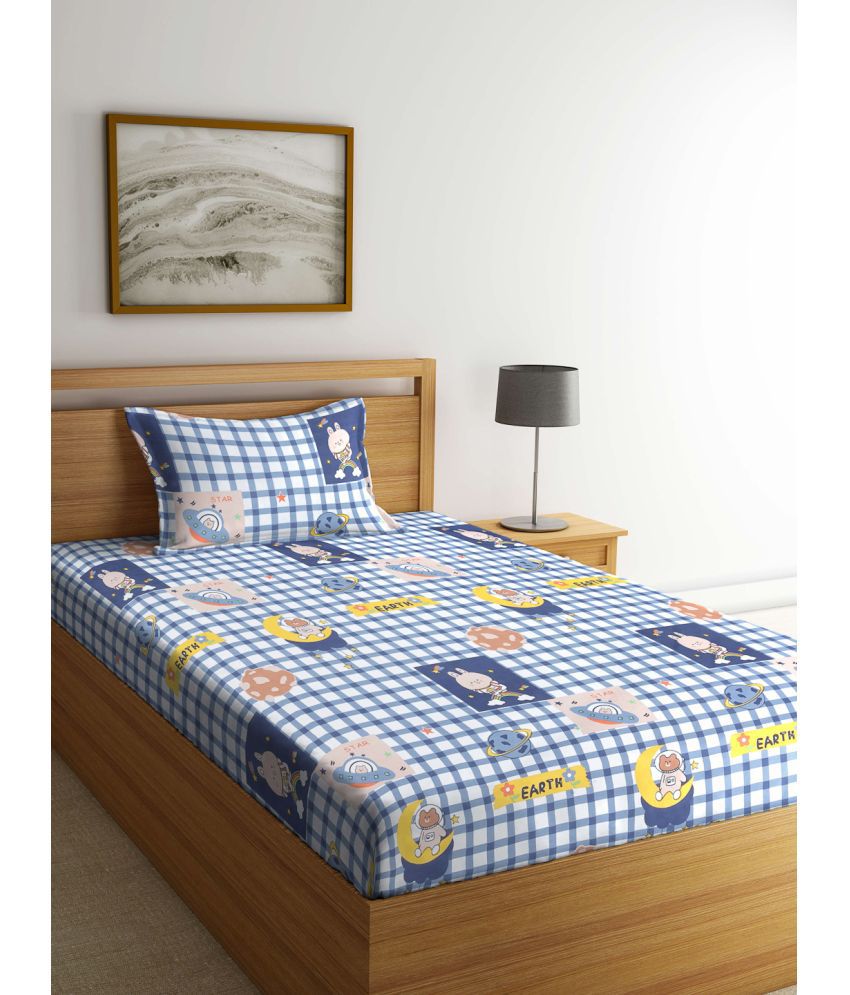     			Klotthe Poly Cotton Small Checks 1 Single Bedsheet with 1 Pillow Cover - Blue