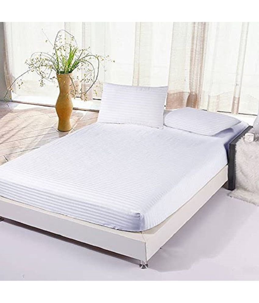     			VORDVIGO Satin Stripe Solid Fitted Fitted bedsheet with 2 Pillow Covers ( Double Bed ) - White