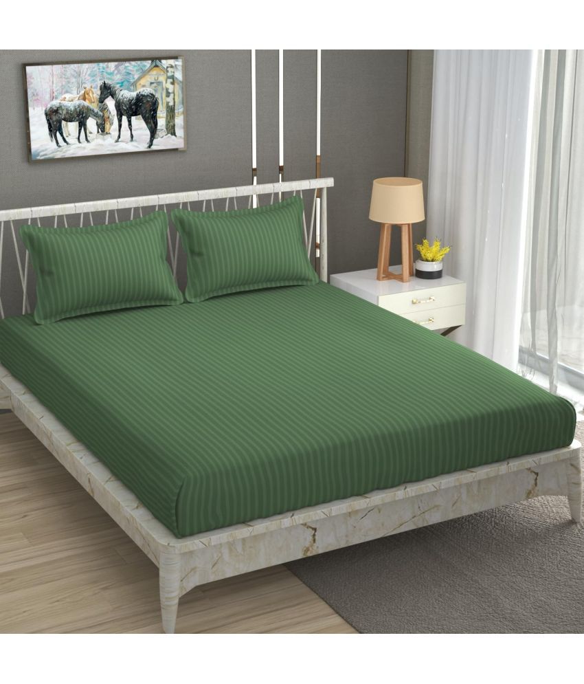     			VORDVIGO Satin Stripe Solid Fitted Fitted bedsheet with 2 Pillow Covers ( Double Bed ) - Green