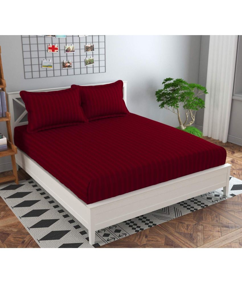    			VORDVIGO Satin Stripe Solid Fitted Fitted bedsheet with 2 Pillow Covers ( Double Bed ) - Maroon